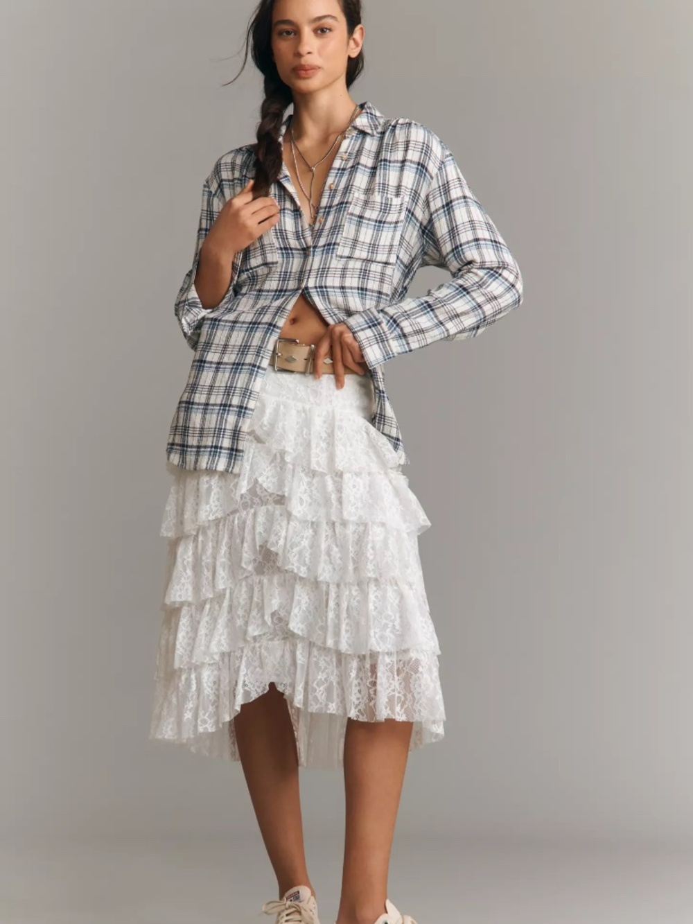 By Anthropologie Tiered Lace Midi Skirt in White nwt size XL